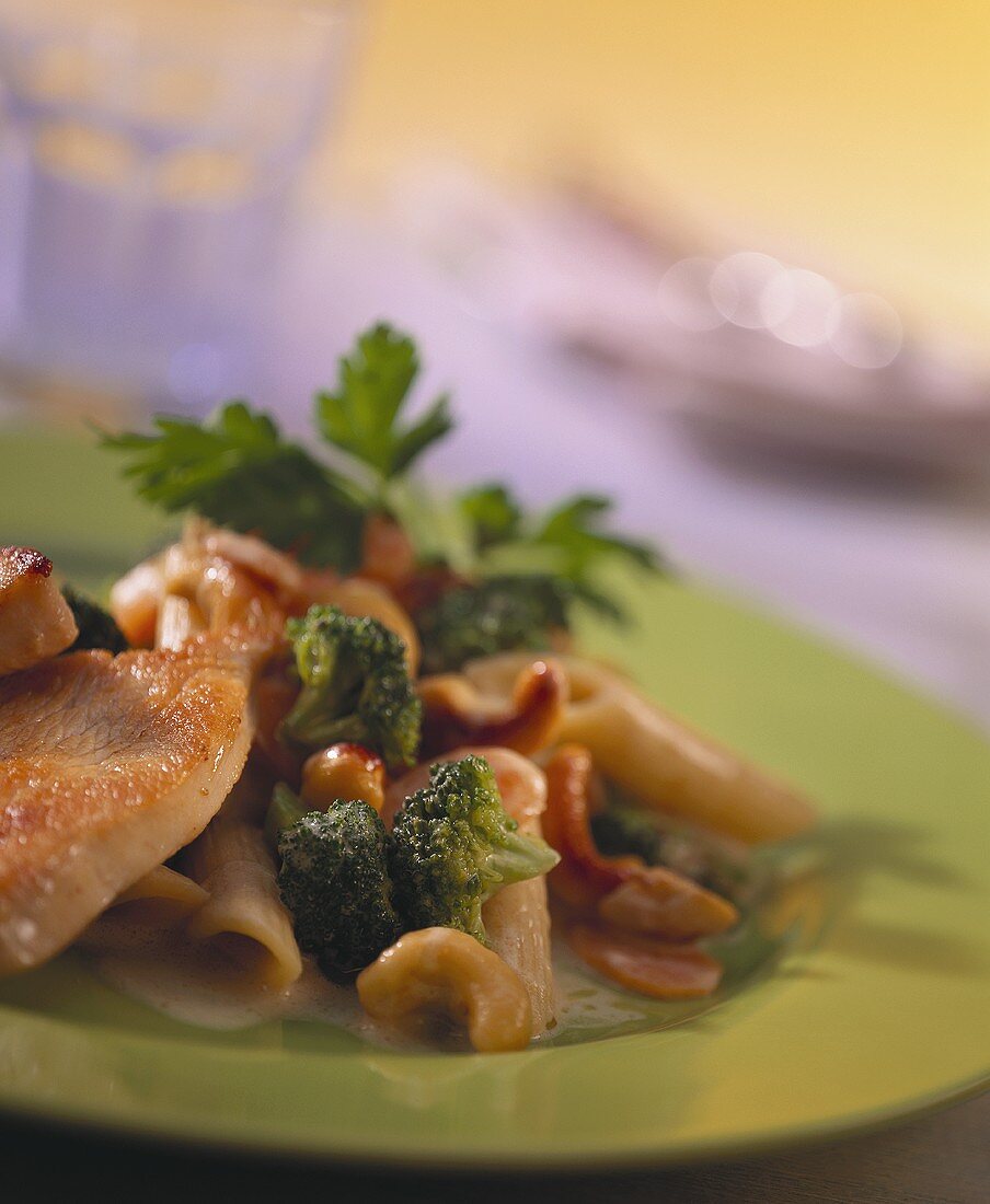 Penne with vegetables, turkey escalopes and cashew kernels