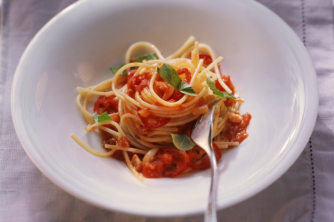 Spaghettini all'amatriciana (Nudeln mit Tomaten-Speck-Sauce)