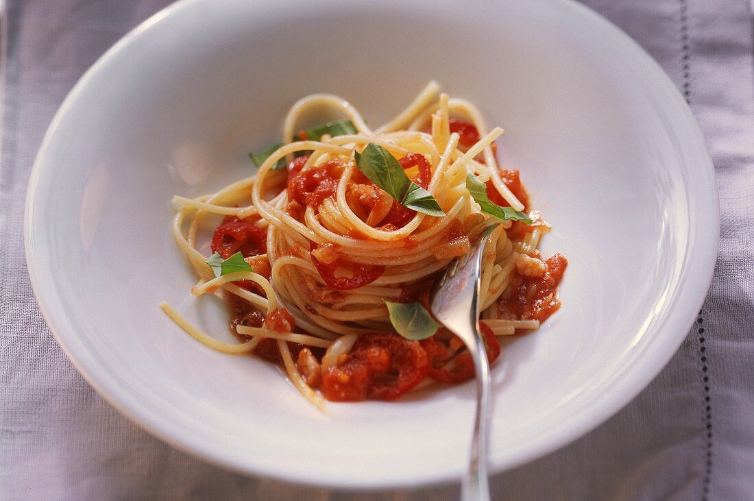 Spaghettini all'amatriciana (Pasta with tomato & bacon sauce)