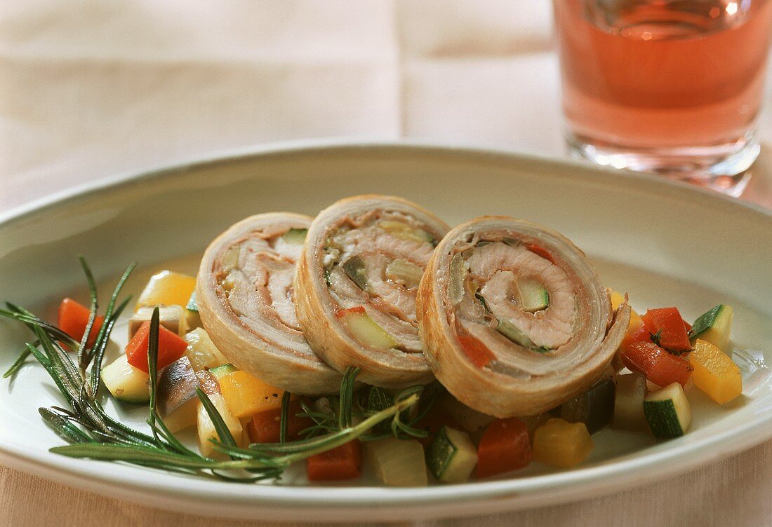 Veal rolls with ratatouille and rosemary