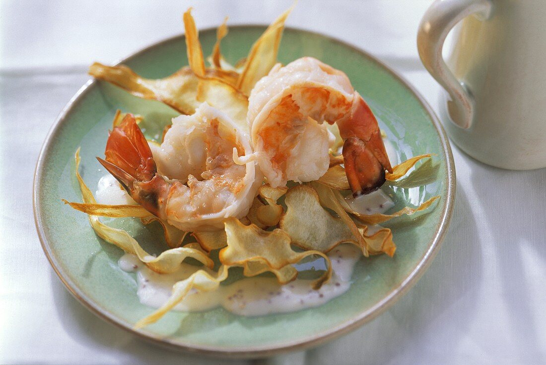 Gambas with deep-fried slices of parsley root