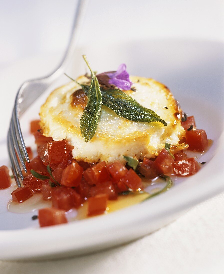 Gegrillter Ziegenkäse mit Salbei auf Tomatensalat