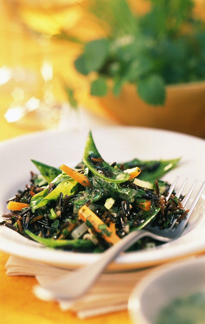 Wild rice salad with young vegetables & herb dressing