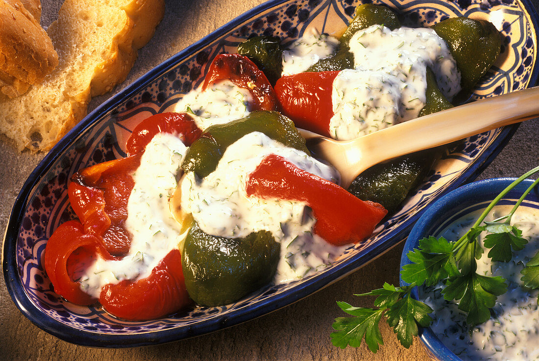 Grilled peppers with herb yoghurt
