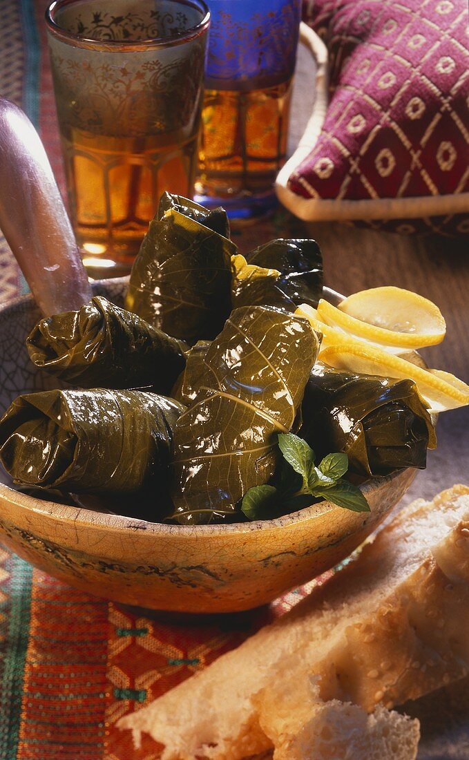 Stuffed vine leaves with flat bread (from Arabia)