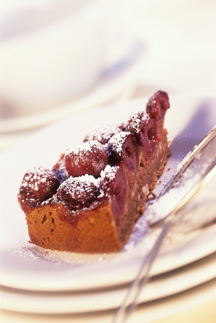 Stück Brottorte mit Kirschen und Puderzucker