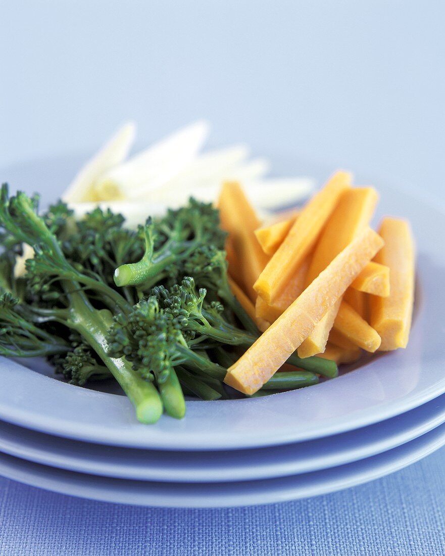 Möhren, Brokkoli und Maiskölbchen auf blauem Teller