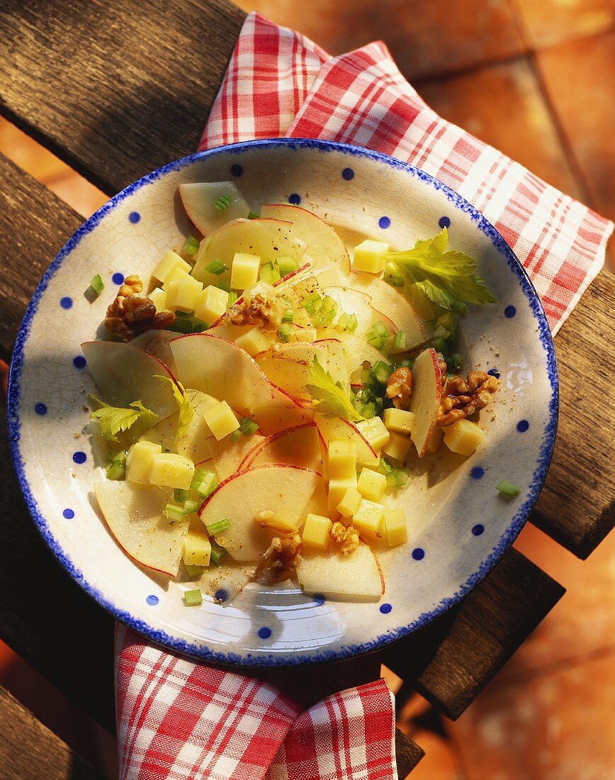 Apple salad with celery, cheese and walnuts
