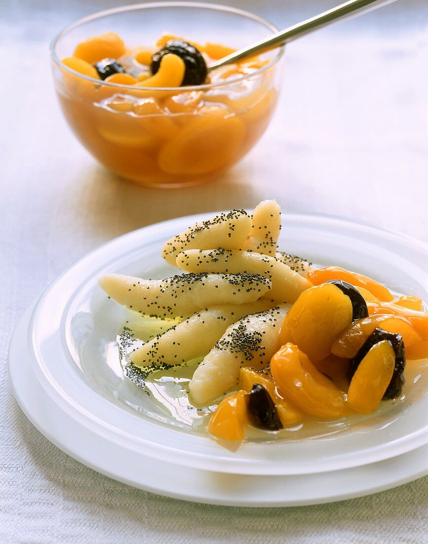 Poppy seed noodles with apricot and plum compote