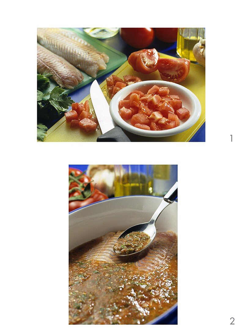 Preparing baked fish with tomatoes
