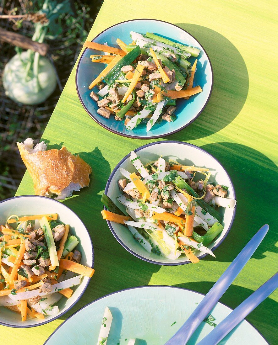 Kohlrabi-Möhren-Salat mit Thunfisch auf Tisch im Freien