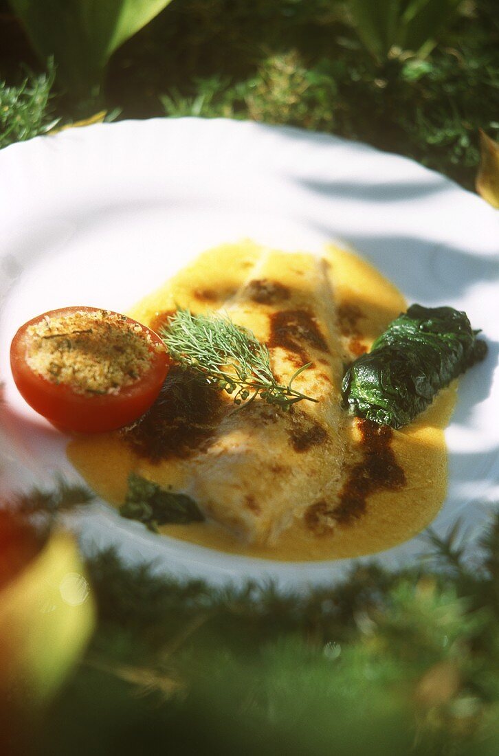 Gratin of trout with spinach and stuffed tomato