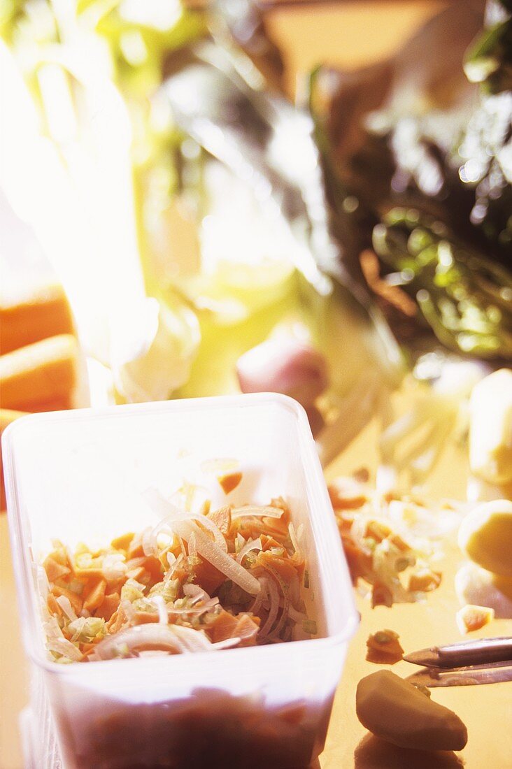 Chopped vegetables in plastic box