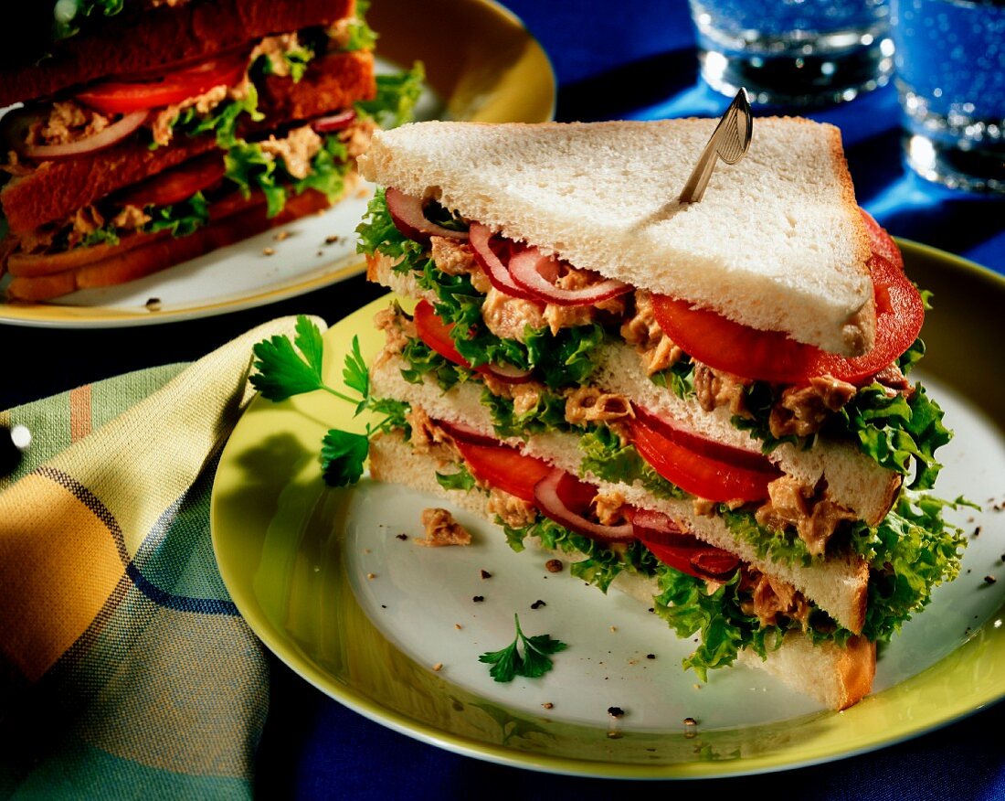 Thunfisch-Sandwich mit Tomaten, Zwiebeln und Salat
