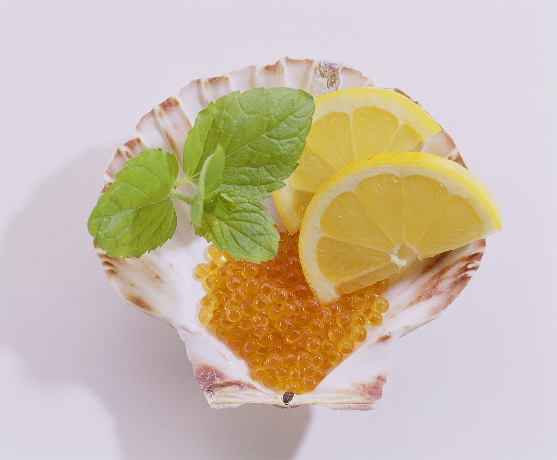 Lachskaviar mit Zitronenschnitzen in Muschelschale