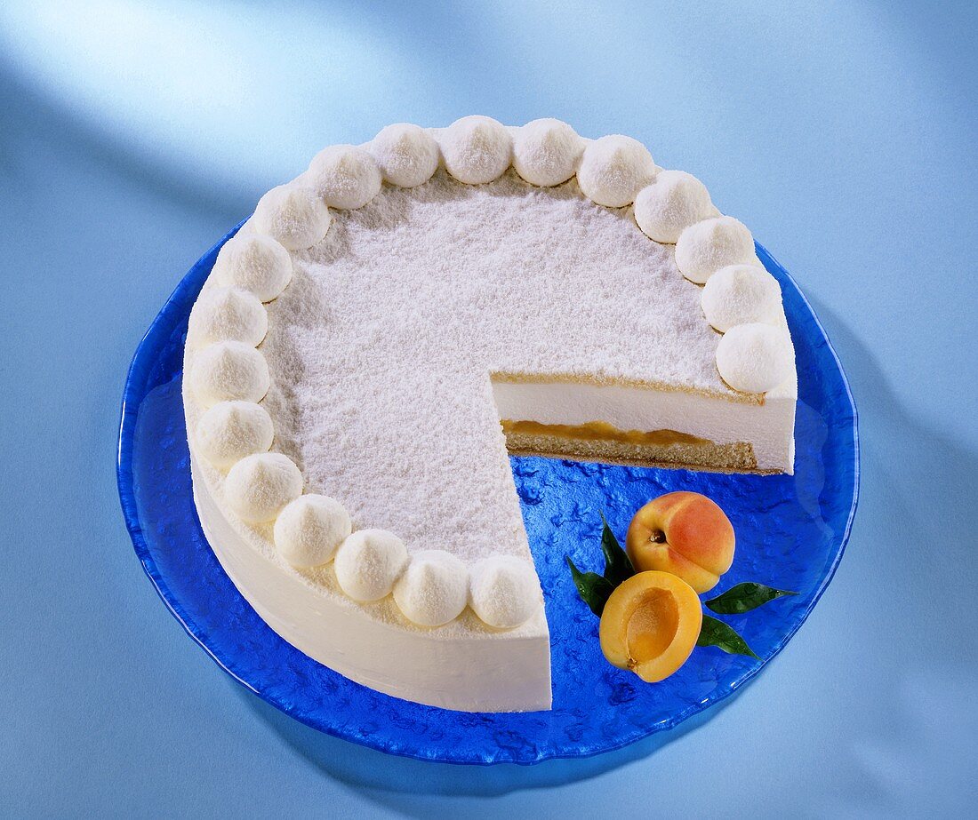 Apricot cream gateau, a piece cut