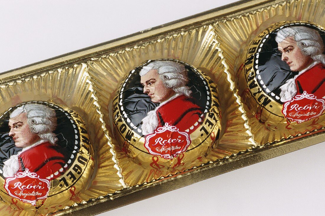 Salzburg Mozartkugeln (chocolates) with marzipan filling