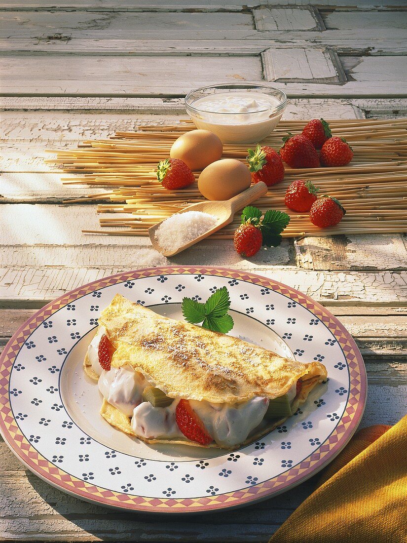 Crepe with fresh strawberry and rhubarb quark