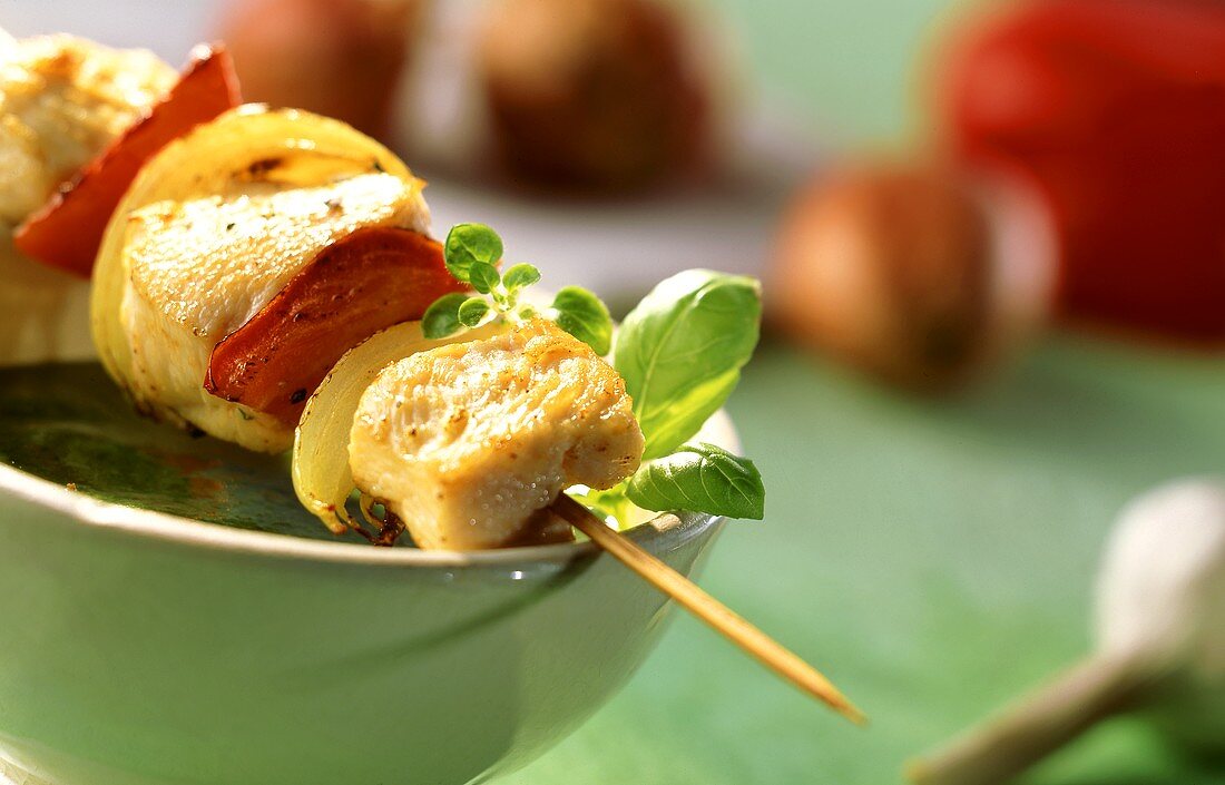 Fleisch-Gemüse-Spiess auf grüner Schale