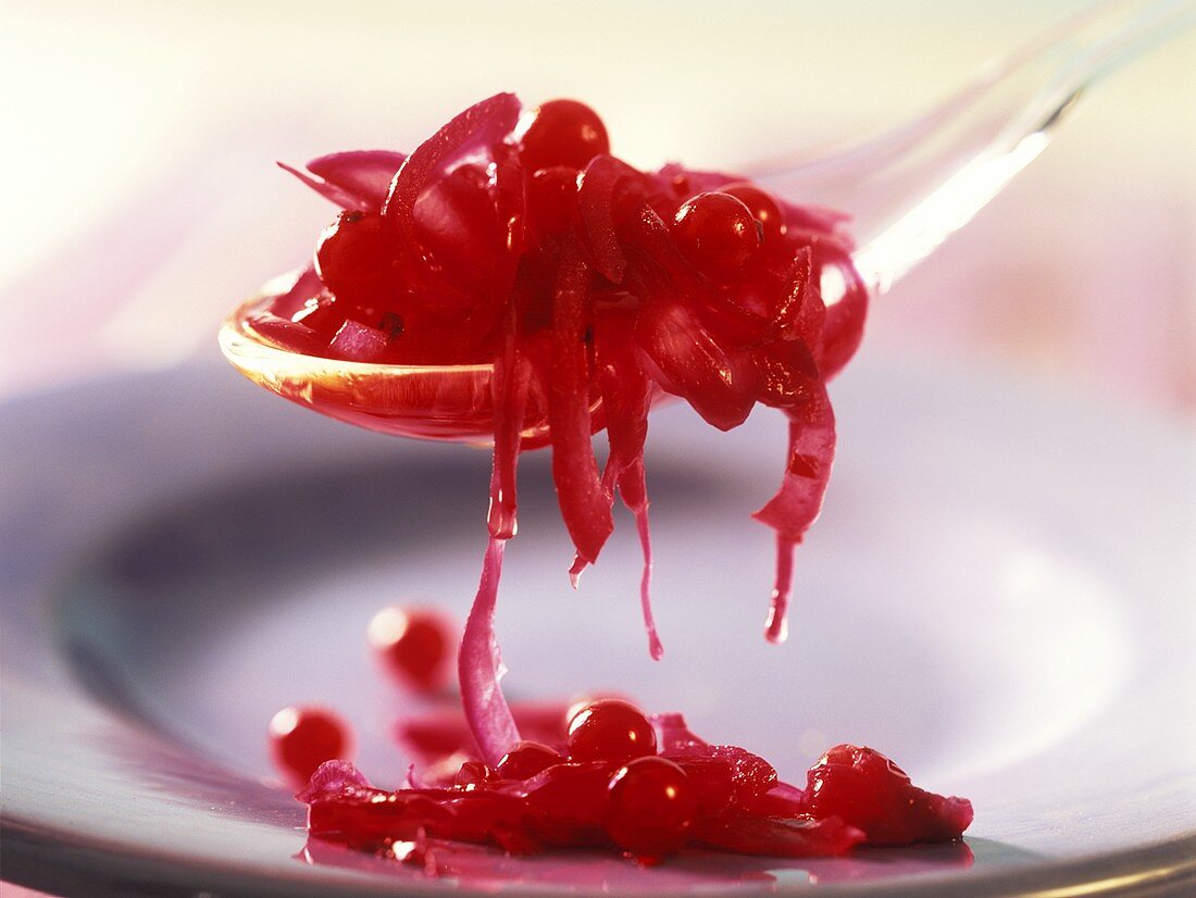 Spicy-sweet onions with redcurrants on spoon