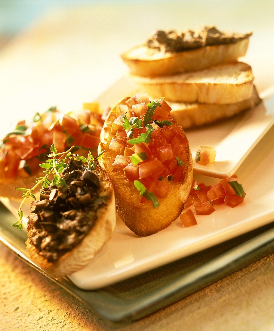 Crostini (toasted bread with three toppings), Tuscany, Italy