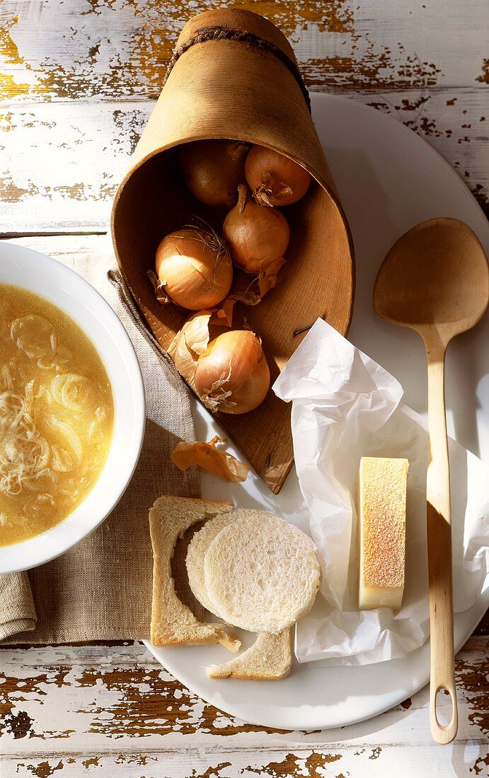 Zwiebelsuppe mit Zutaten (Zwiebeln, Weißbrot, Käse)