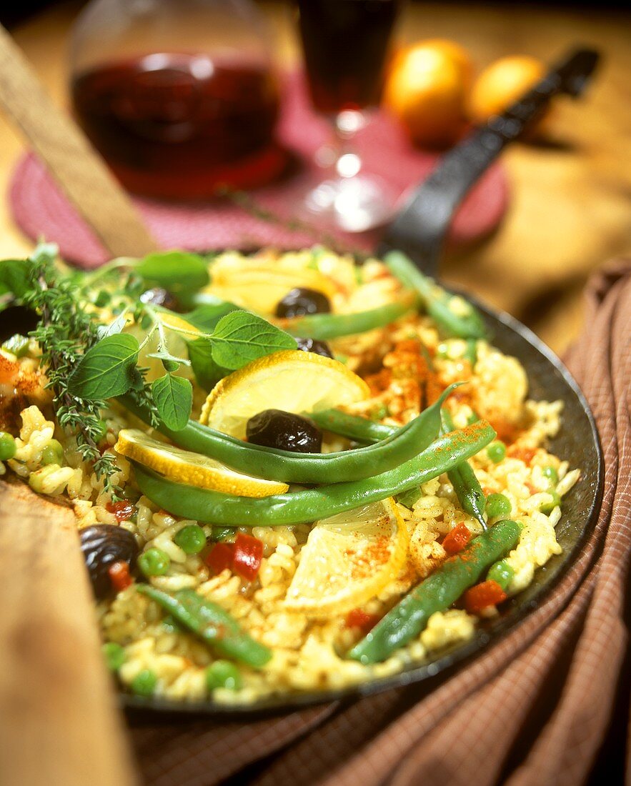 Spanish vegetable paella in the pan