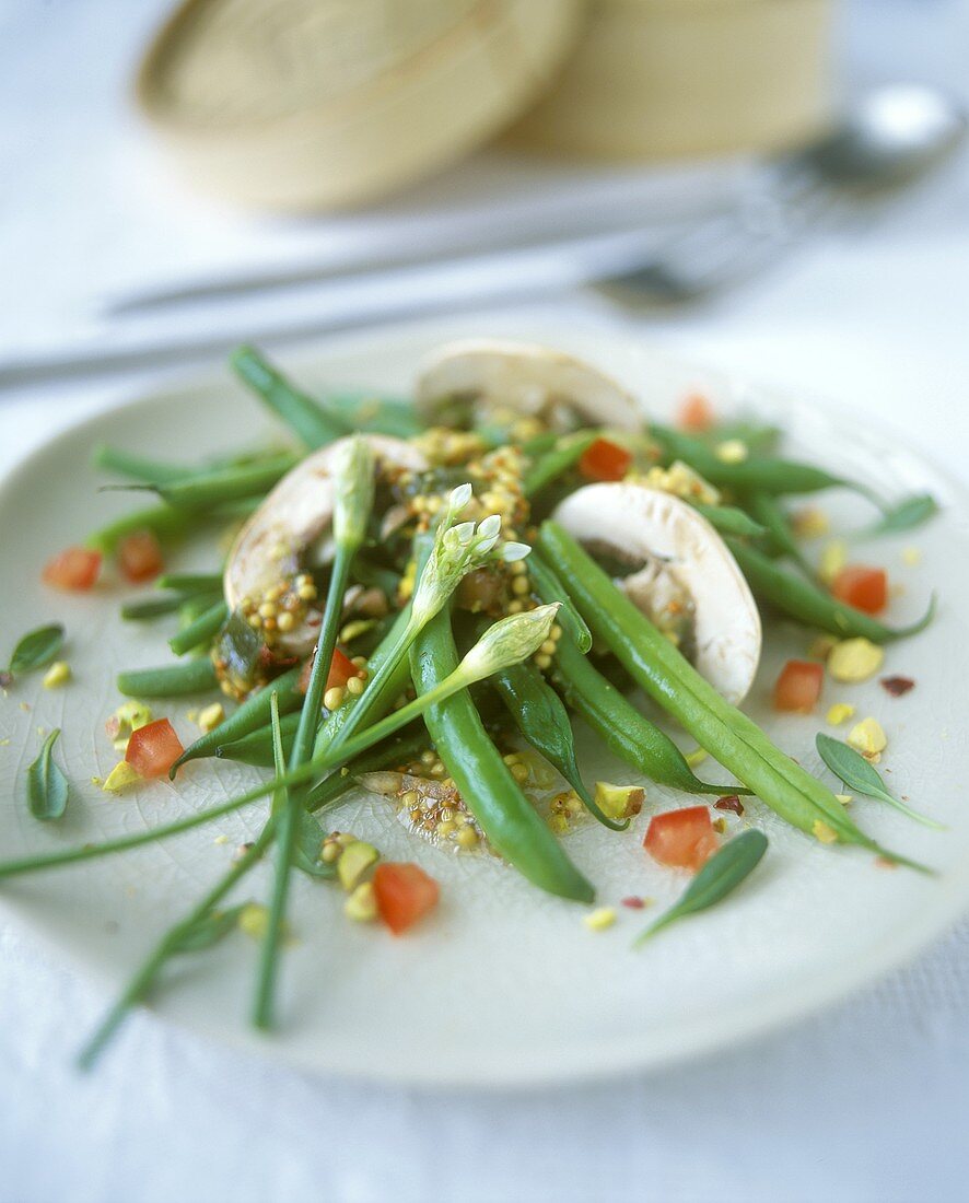 Colourful bean salad with mushrooms and mustard sauce