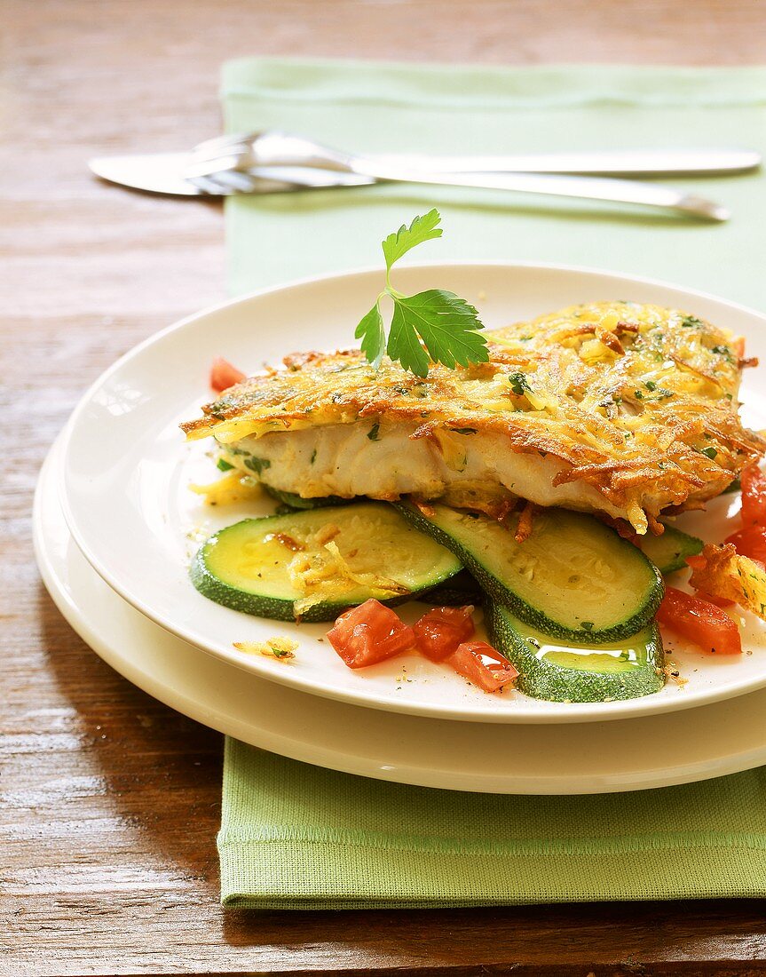 Seelachsfilet im Kartoffelmantel mit Tomaten-Zucchini-Gemüse