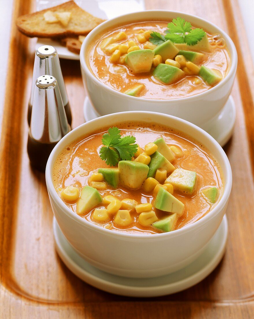 Tomato soup with sweetcorn and avocado