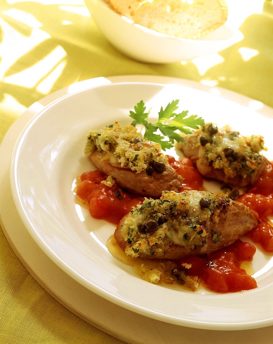 Überbackenes Schweinefilet in Tomatensauce