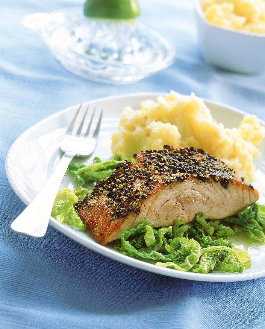 Peppered salmon with celery puree and savoy