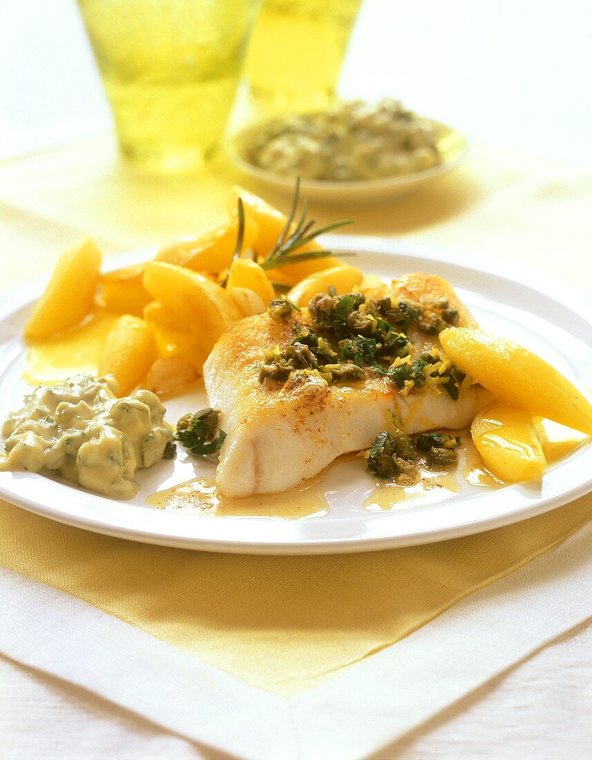Fish with herbs, lemon potatoes and remoulade sauce