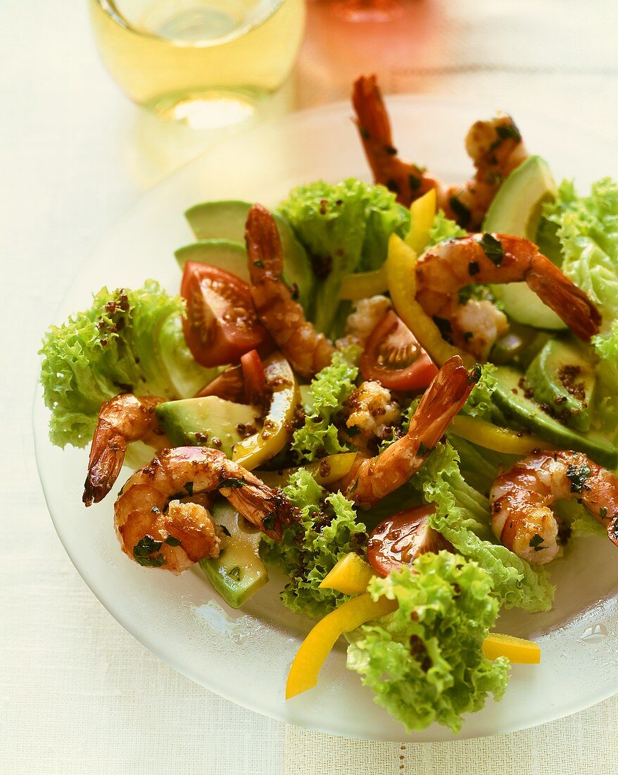 Lollo biondo with garlic shrimps and vegetables