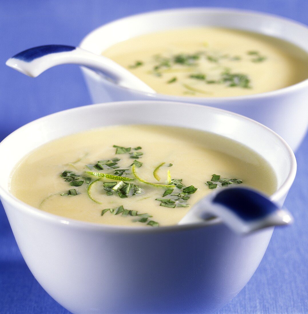 Potato and lime soup with chopped basil