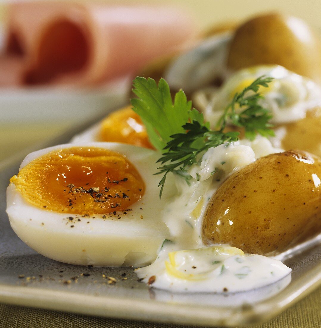 Potatoes boiled in their skins with leek sauce & boiled eggs