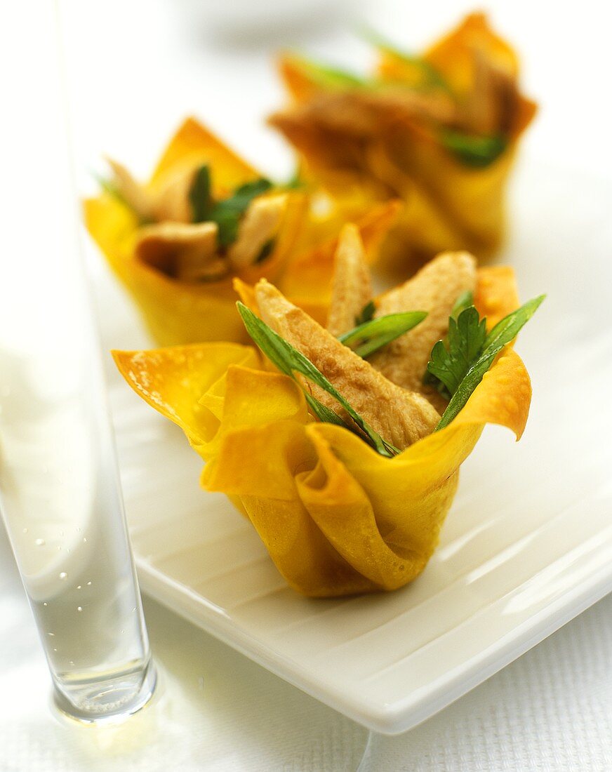 Chinese chicken salad in won ton shell; champagne