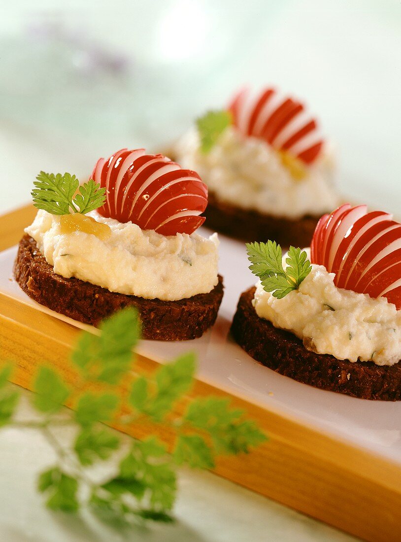 Pumpernickel mit Kartoffel-Kräuter-Creme und Radieschen