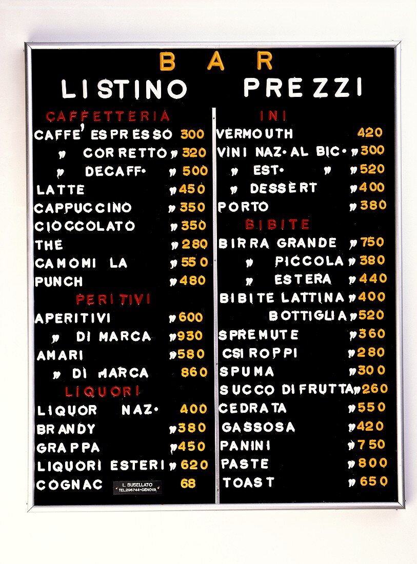 Price board of an Italian bar