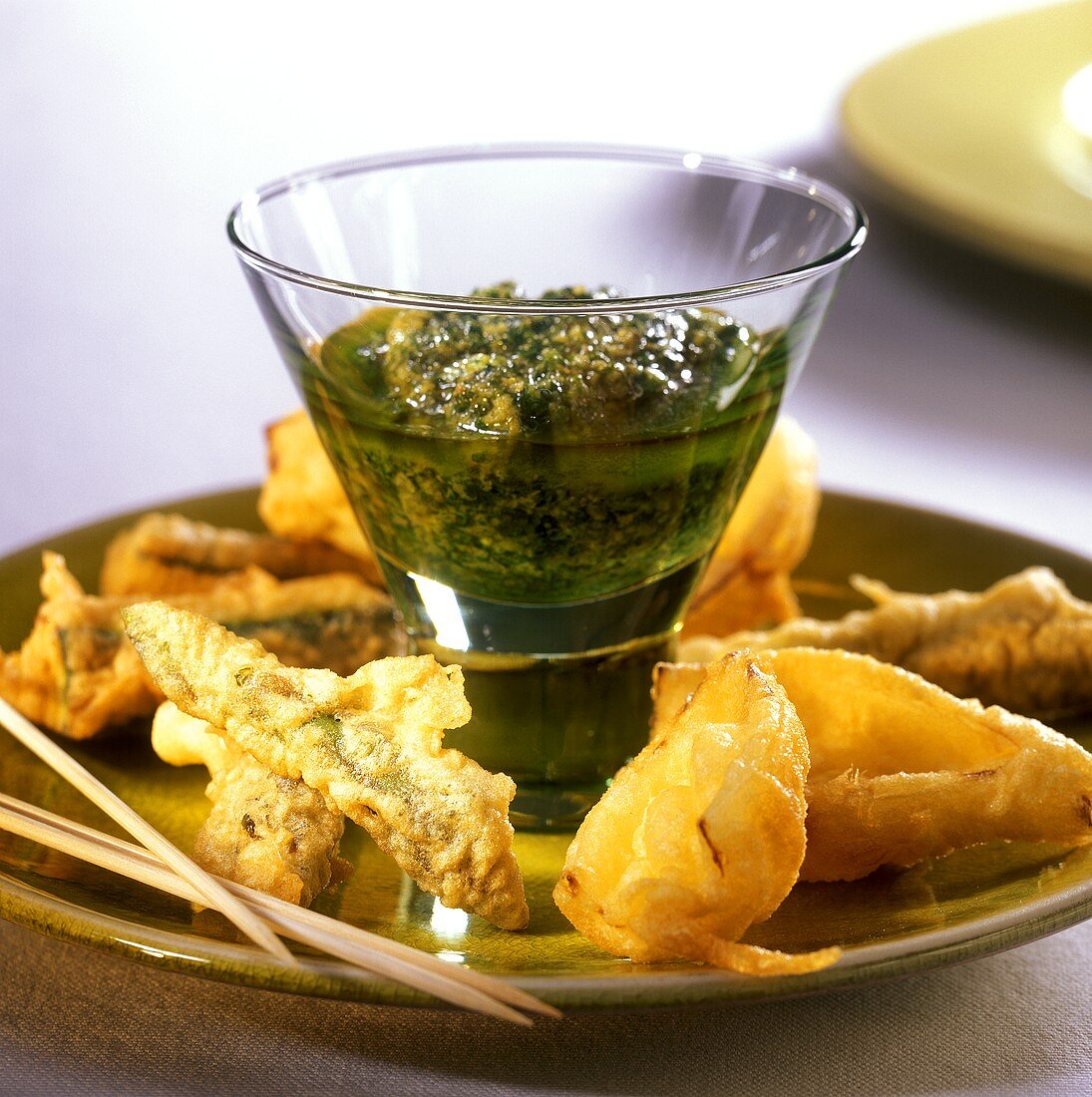 Fritto di verdura (deep-fried vegetables with green sauce)