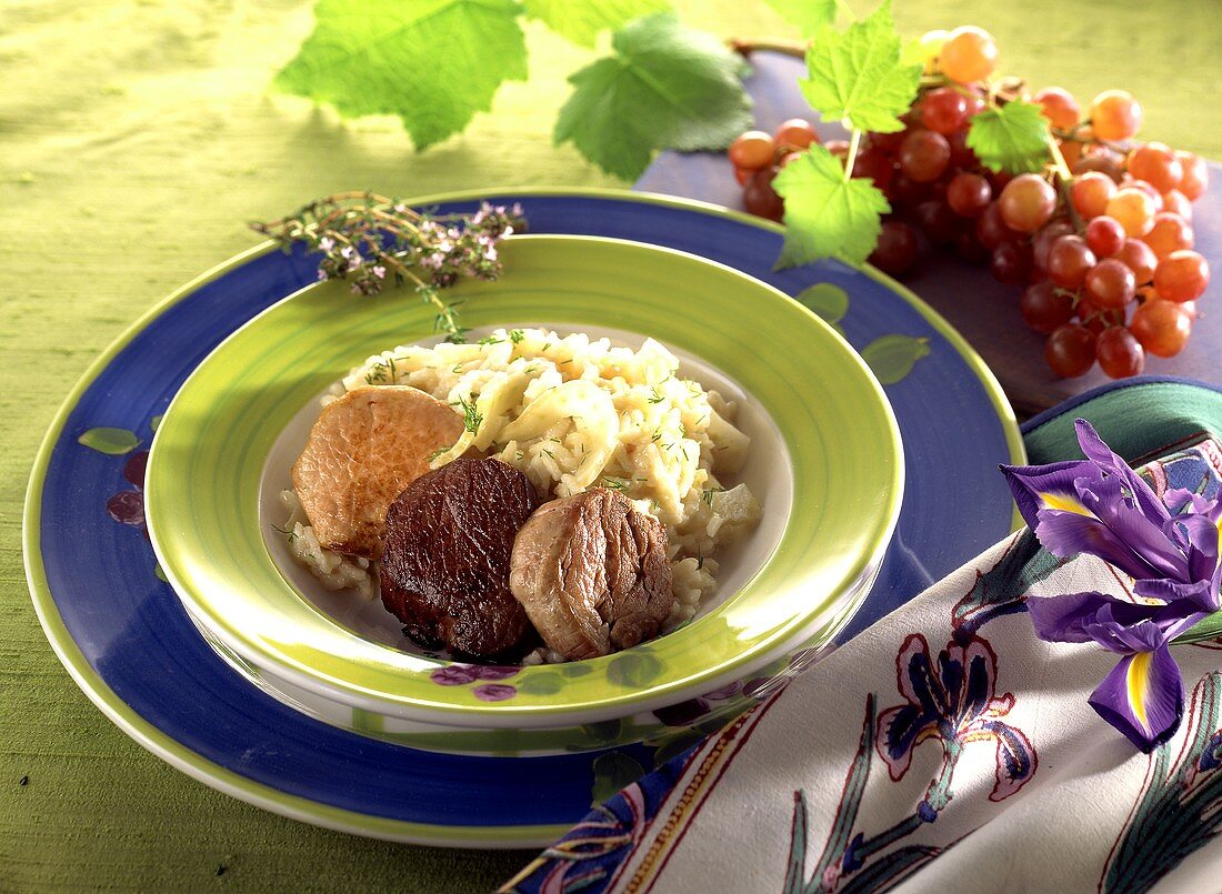 Fennel risotto with three sorts of meat