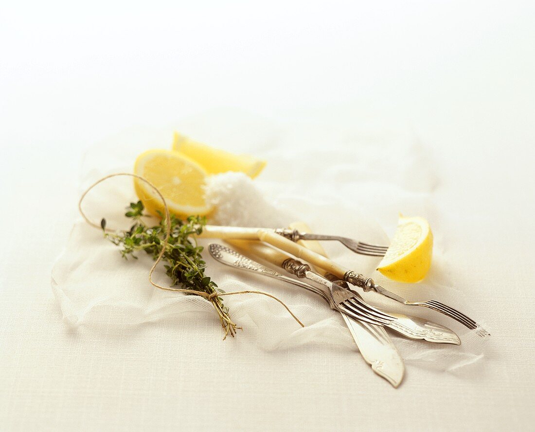 Still life with fish cutlery, lemons, salt and thyme
