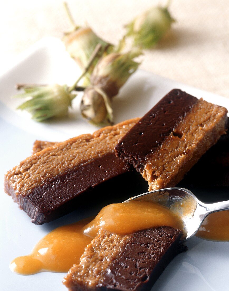 Chocolate and hazelnut terrine with apricot sauce