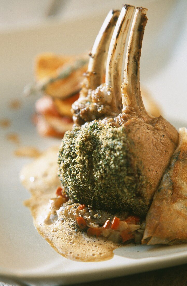 Rack of lamb with herb crust and spinach pasty