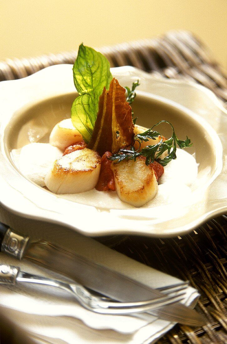 Fried scallops with bacon and truffle whip
