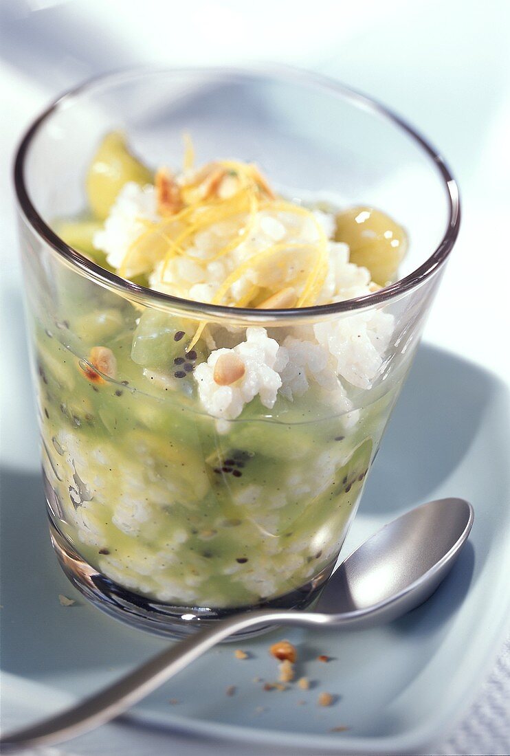 Lemon rice with green jelly and pine nuts