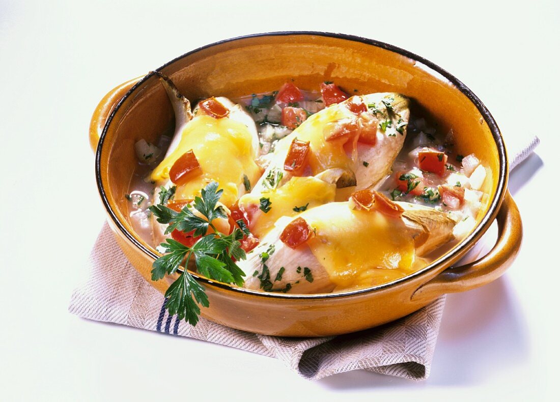 Baked chicory with cheese, tomatoes and parsley