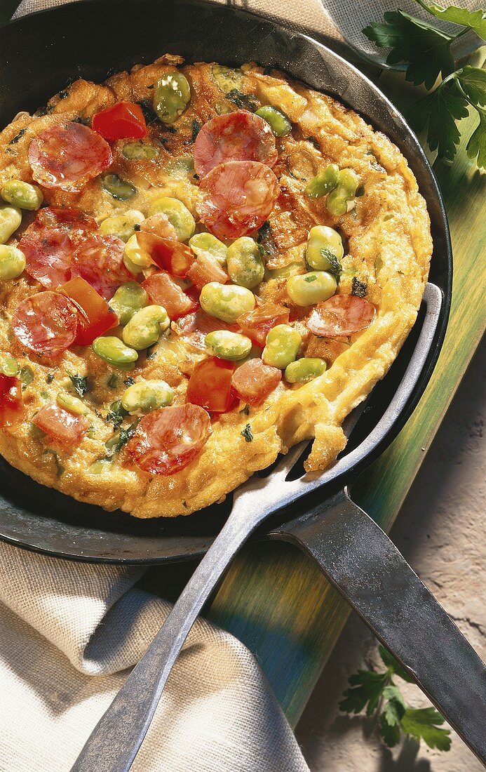Tortilla with broad beans and chorizo