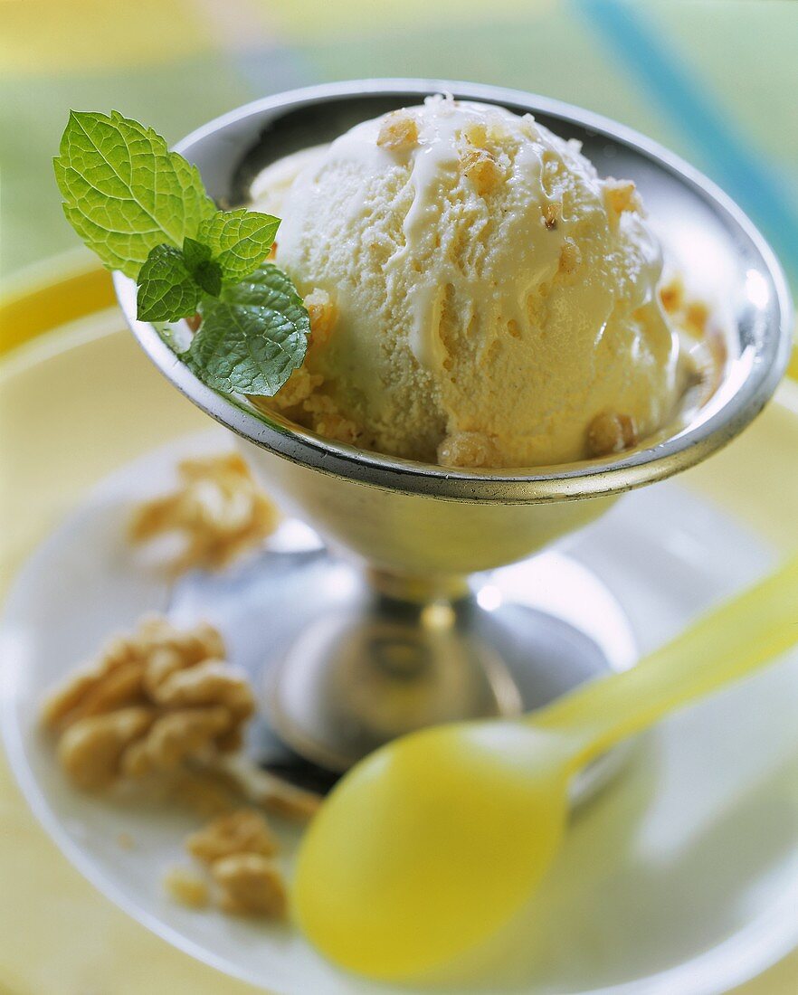 Vanilla ice cream with walnut praline and lemon balm
