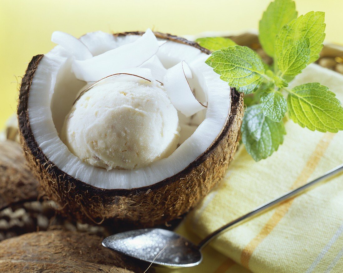Coconut buttermilk ice cream in half a coconut